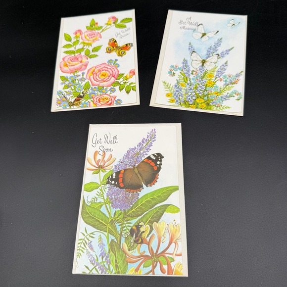 Vintage Get Well Cards with Butterflies and Botanical Floral Illustrations‎ - Picture 1 of 11